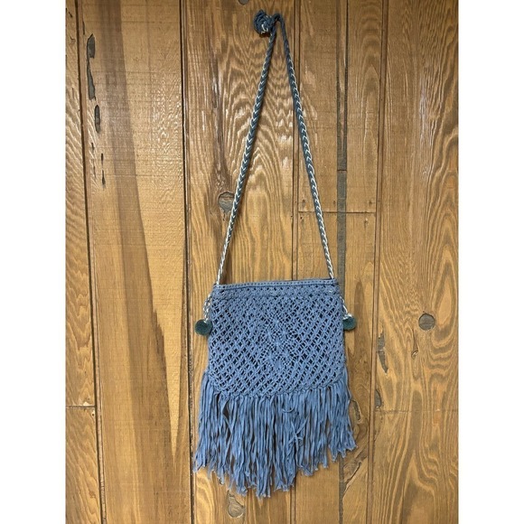 Bohemian long crossbody crochet fringed purse with Pom poms - Picture 6 of 7